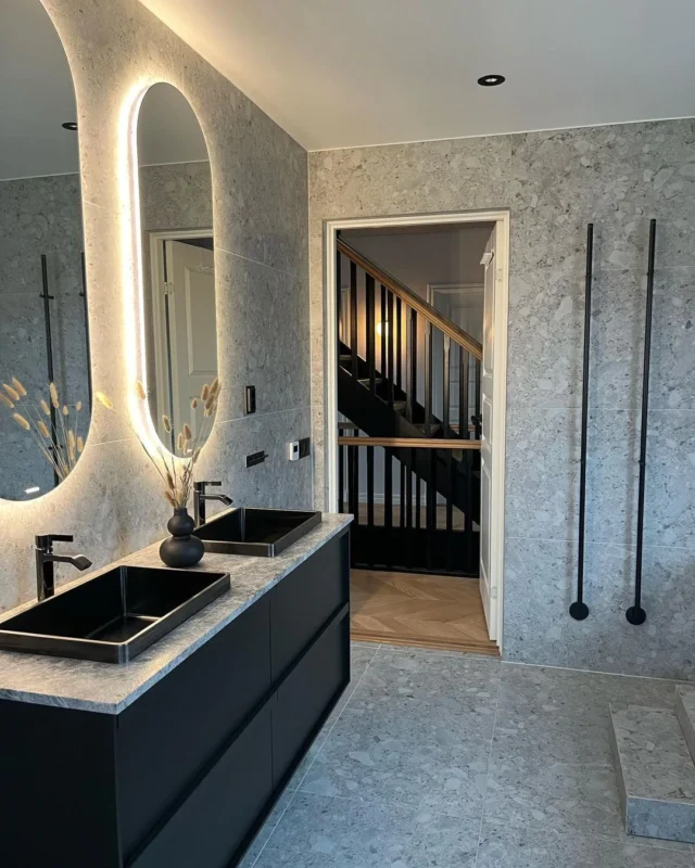 black bathroom vanity with led mirror